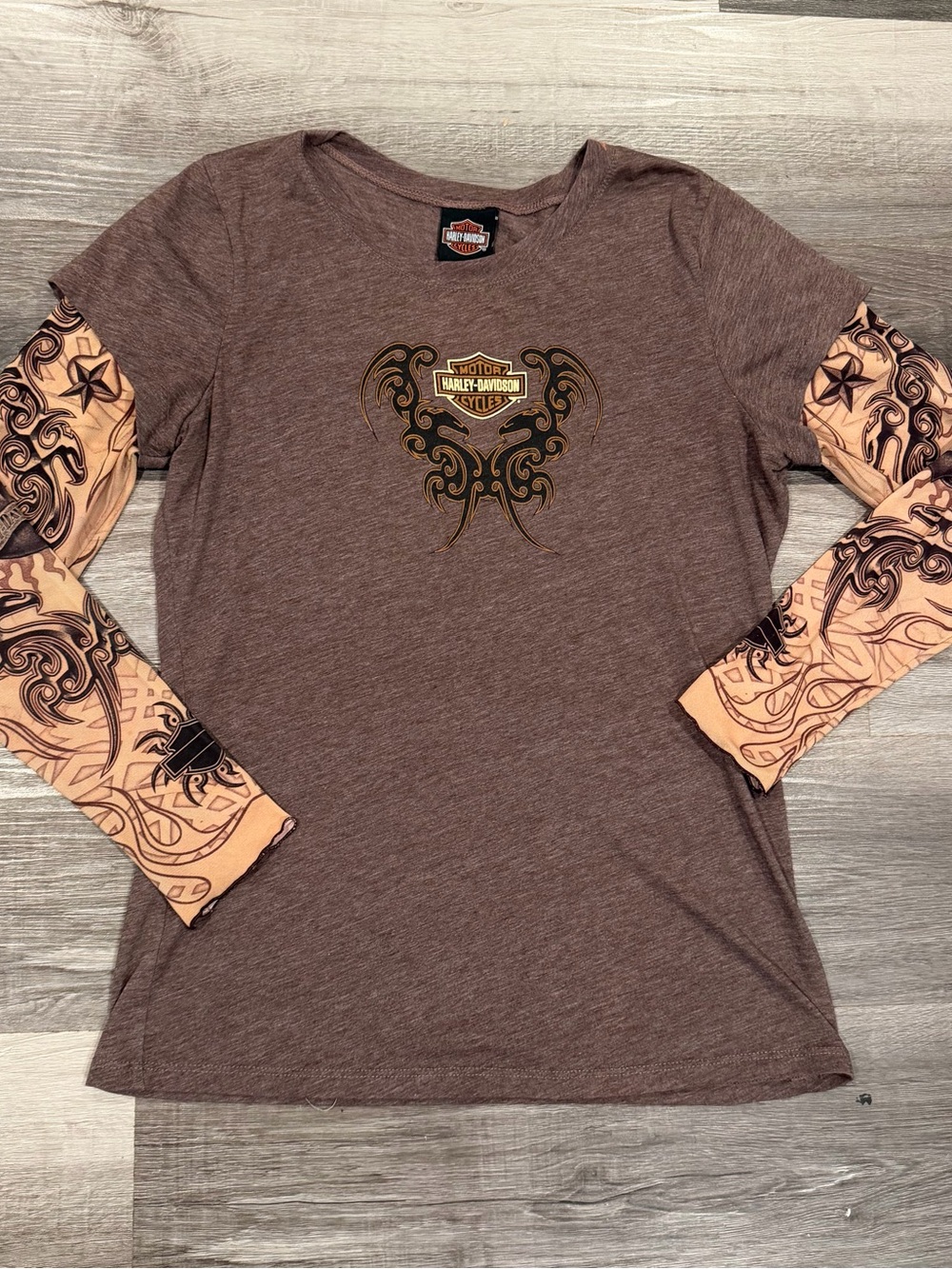 Harley-Davidson Womens Brown Tattoo Mesh Sleeve Graphic T-Shirt Biker Size XL
